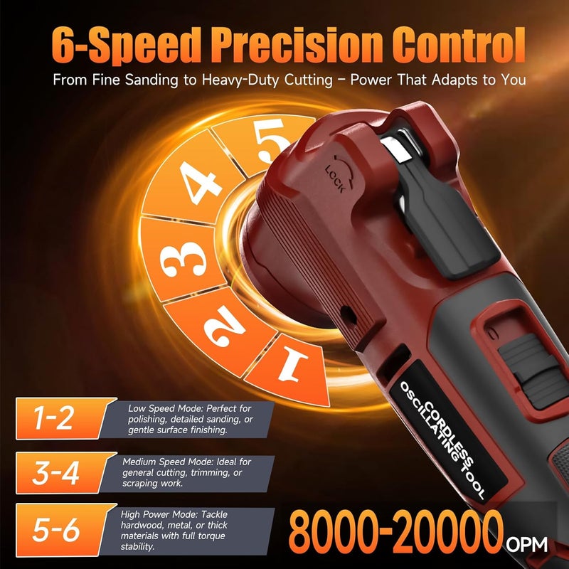 Fledukten Cordless Oscillating Tool Compatible with Milwaukee 18V Battery, 21000 OPM Brushless Motor, Smart Auto Mode, 6-Speed Multi Tool with 23 Accessories for Cutting & Sanding (Bare Tool) - Image 5